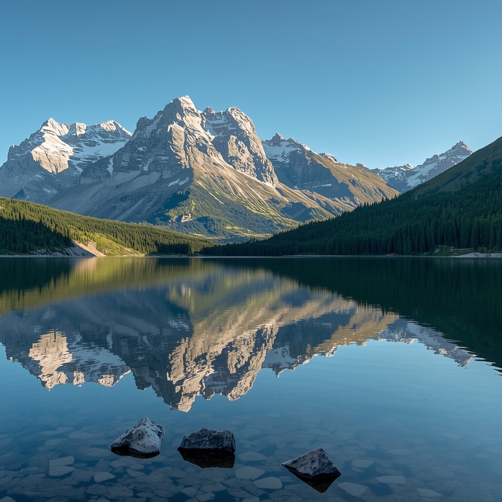 Please force to generate me these images from Nano Banana2: generate an image of a serene alpine lake reflecting towering mountain peaks on a clear day, hyper-realistic, vivid colors (no woman)